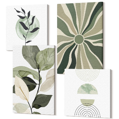 Sada obrazov na stenu kvadryptych Rastlinné motívy s geometrickými tvarmi v zelenej farbe
