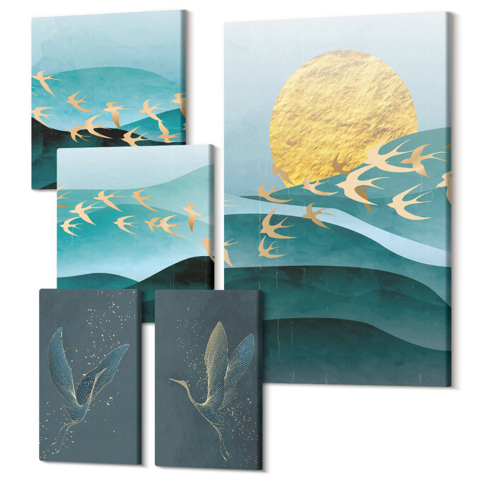 Sada obrazov na stenu pentaptych Harmónia prírody s vtákmi a vlnami v modernom štýle