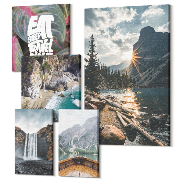 Sada obrazov na stenu pentaptych Prírodná krajina s vodopádmi a výhľadom na hory