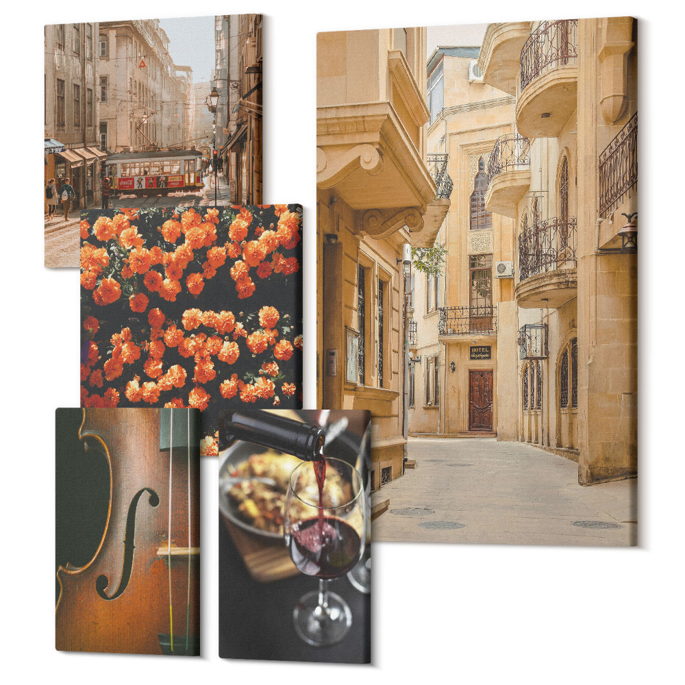 Sada obrazov na stenu pentaptych Očarujúce uličky a príjemné chvíle v meste