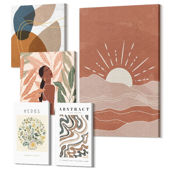 Sada obrazov na stenu pentaptych Boho štýl s rastlinnými motívmi a abstraktnými vzormi