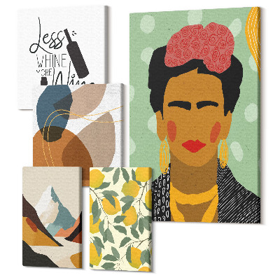 Sada obrazov na stenu pentaptych Boho štýl s portrétmi a abstraktnými vzormi