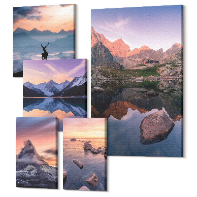 Sada 5 obrazov Horská krajina so západom slnka a odrazmi vody