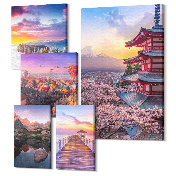 Sada obrazov pentaptych Ázijská krajina s horami a kvitnúcimi stromami
