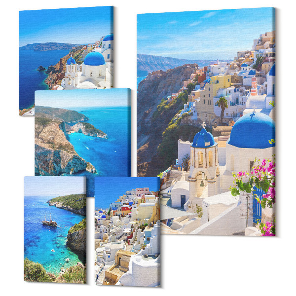 Sada obrazov na stenu pentaptych Pohľad na grécke ostrovy s modrou kupolou