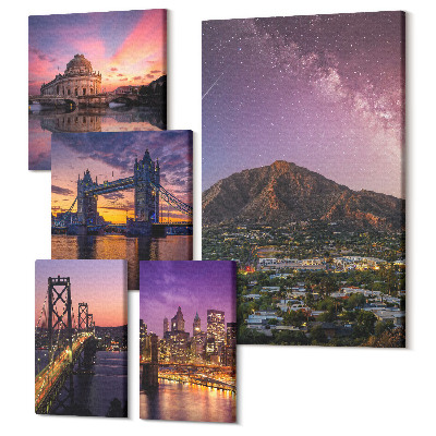 Sada obrazov na stenu pentaptych Krajiny miest a hôr v noci s krásnymi výhľadmi