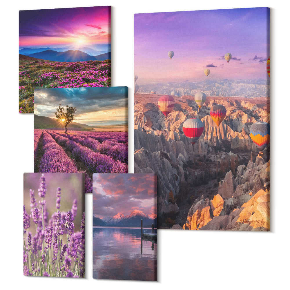 Sada 5 obrazov Krajinky s levanduľou a teplovzdušnými balónmi