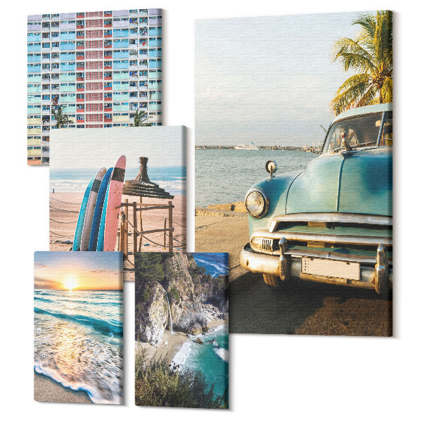 Sada obrazov pentaptych Štýlová plážová krajina s autami a surfovaním