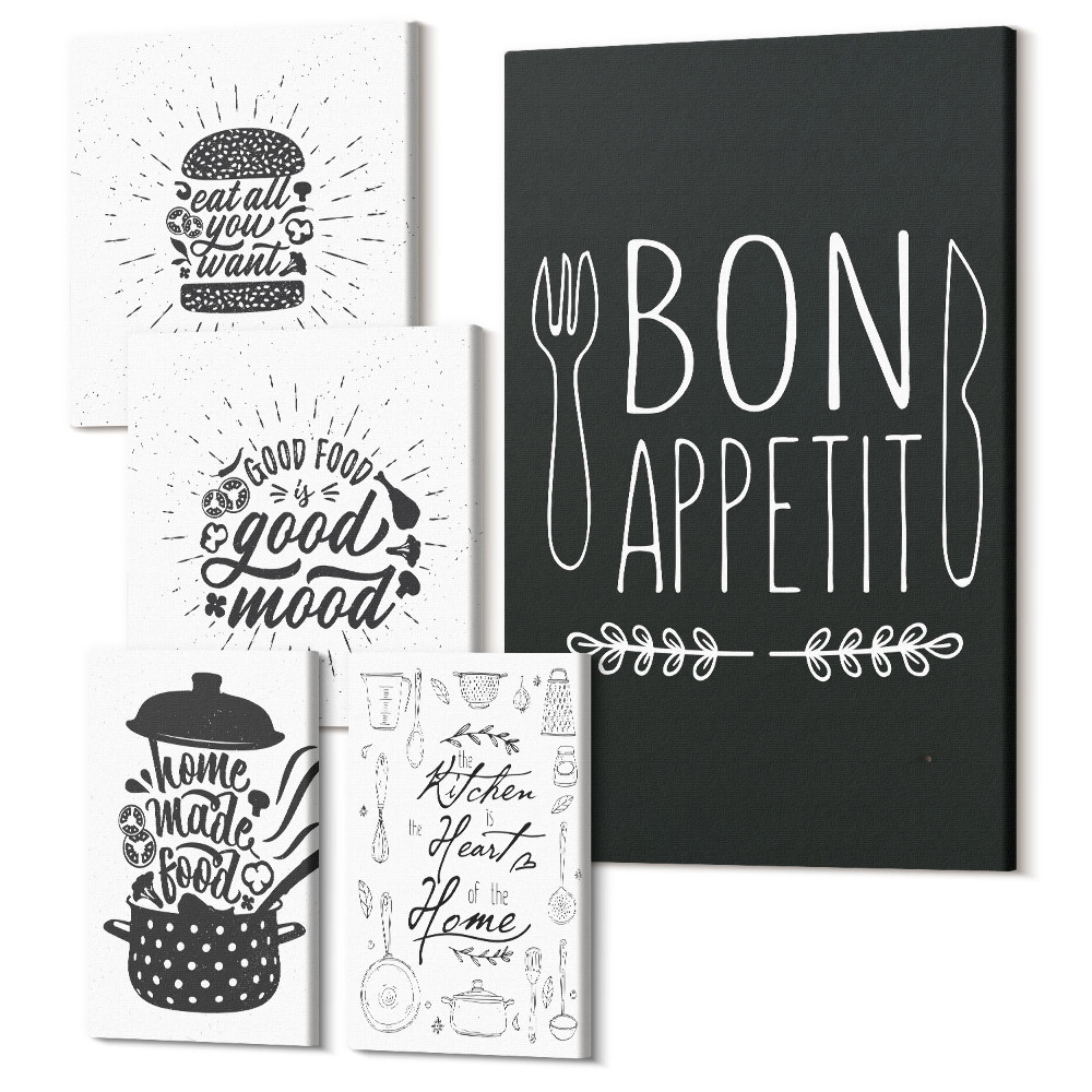 Sada obrazov na stenu pentaptych Kuchynské inšpirácie so sloganmi o jedle a varení