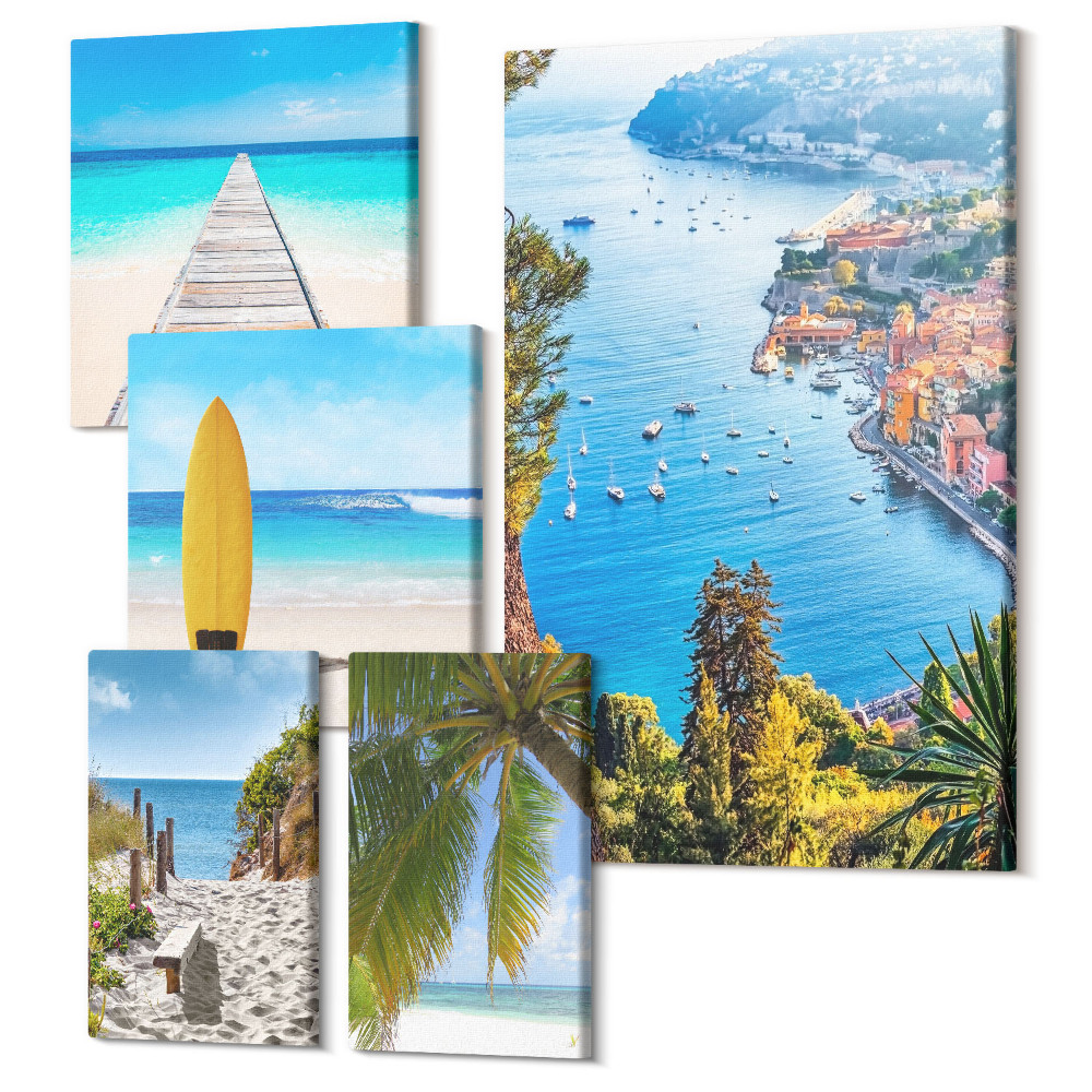 Sada obrazov pentaptych Pobrežná krajina s plážami a tyrkysovou vodou