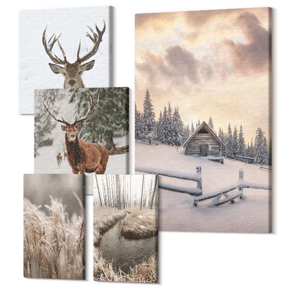 Sada obrazov na stenu pentaptych Zimná krajina s jeleňmi a idylická chata v lese