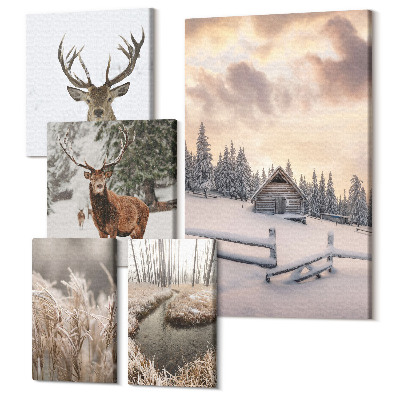 Sada obrazov na stenu pentaptych Zimná krajina s jeleňmi a idylická chata v lese