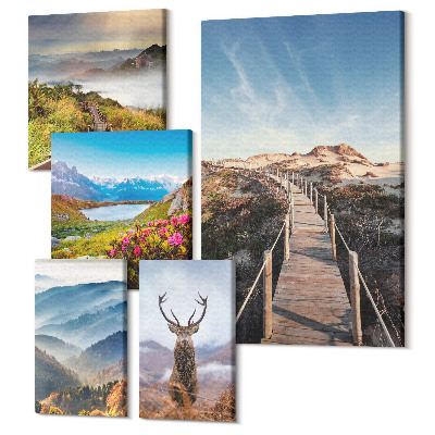 Sada obrazov pentaptych Prírodné horské a lesné krajiny s divokou prírodou