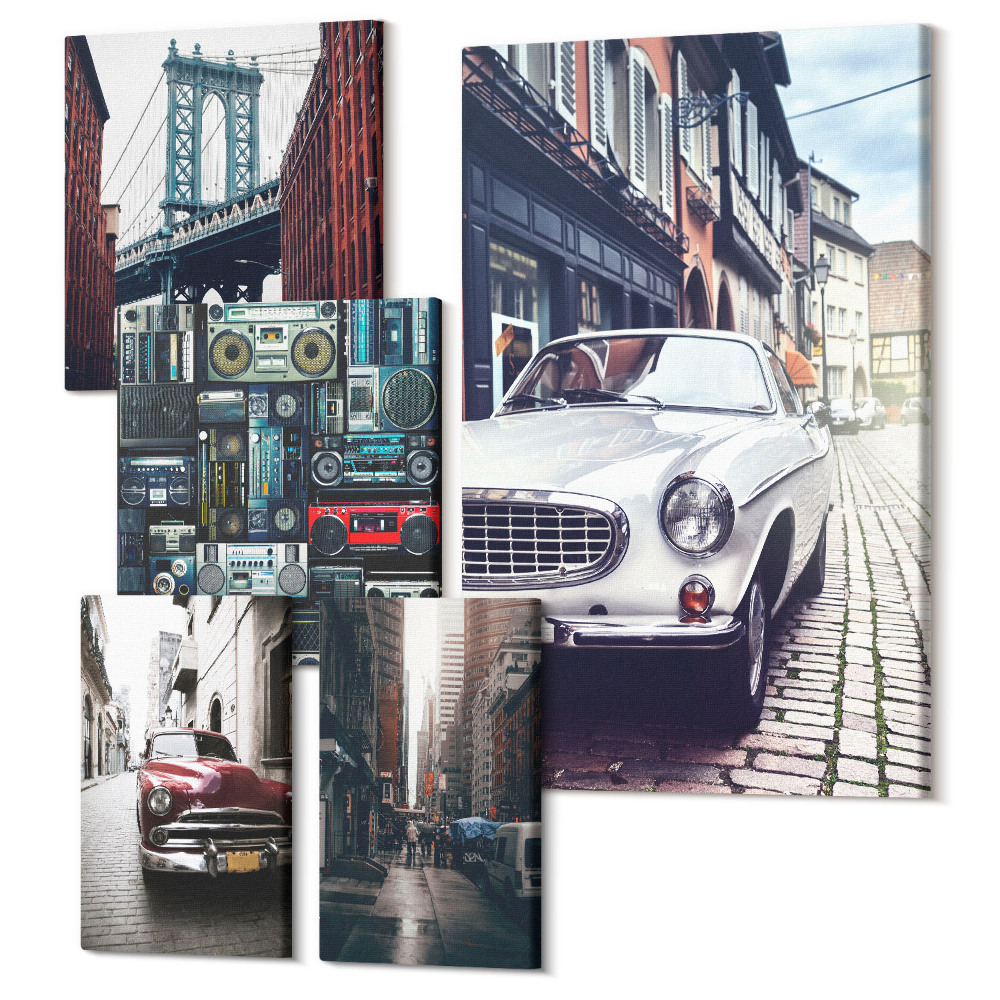 Sada obrazov pentaptych Štýlové autá a mestská pouličná architektúra