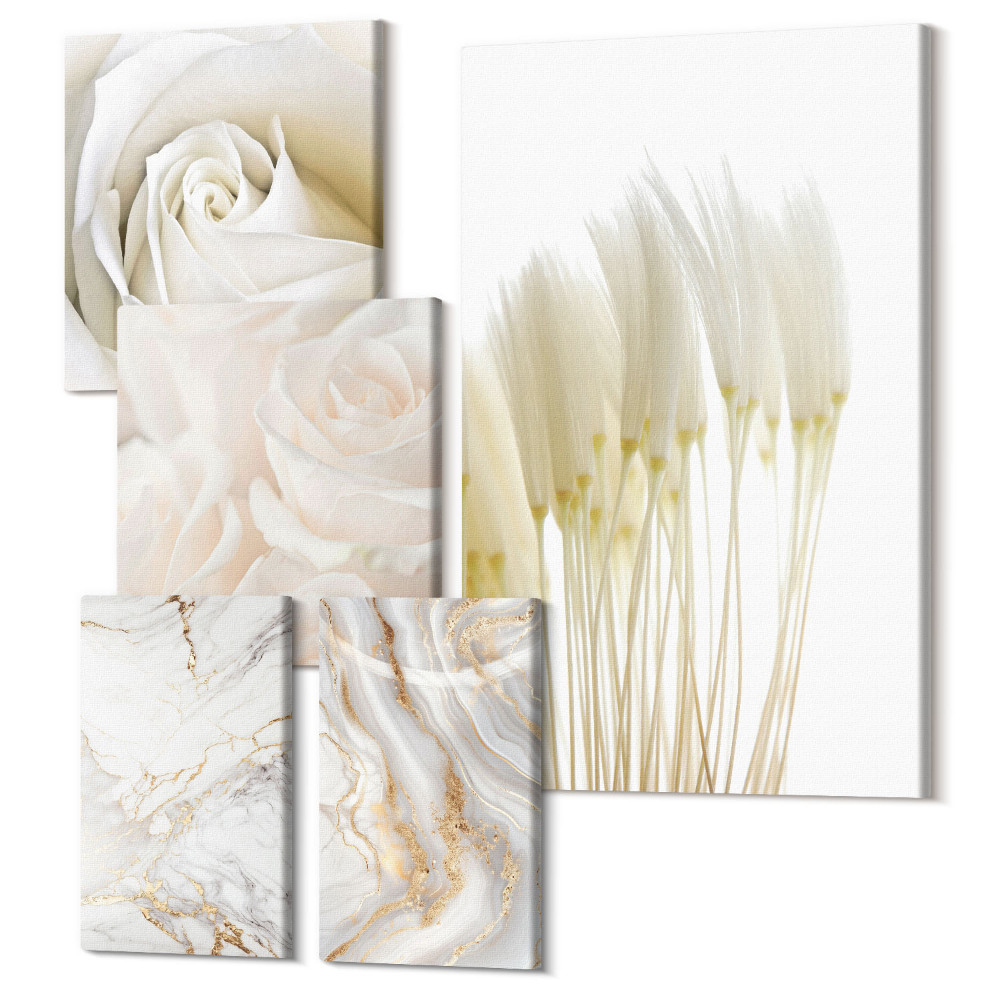 Sada 5 obrazov Elegantné biele ruže a mramorové dekoratívne akcenty