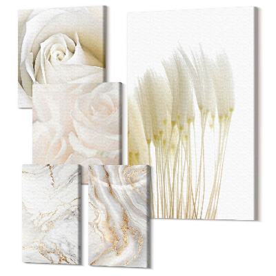 Sada 5 obrazov Elegantné biele ruže a mramorové dekoratívne akcenty