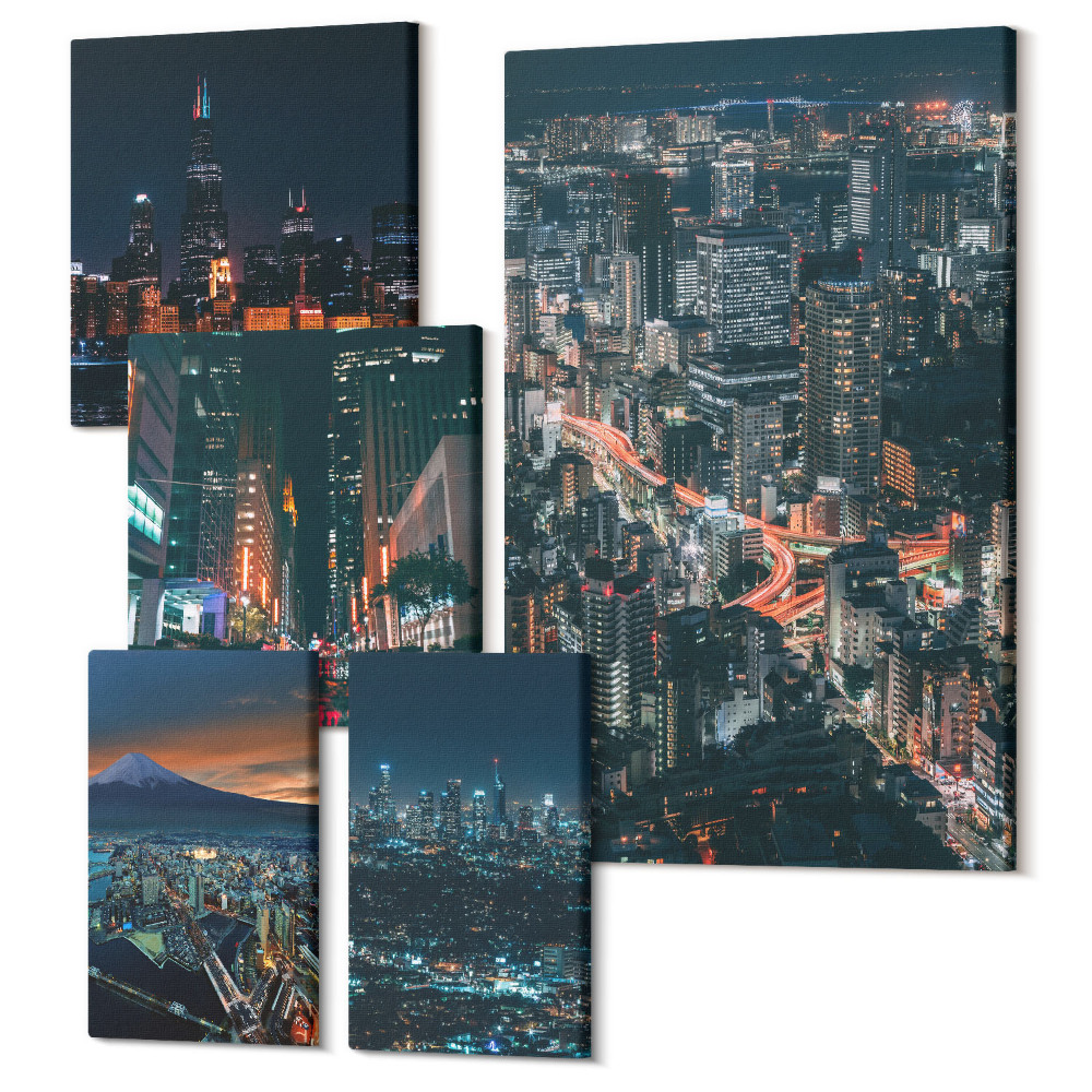 Sada obrazov pentaptych Nočné pohľady na moderné mestá a ich architektúru