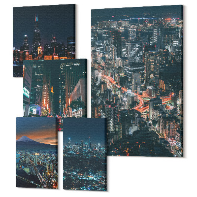 Sada obrazov pentaptych Nočné pohľady na moderné mestá a ich architektúru