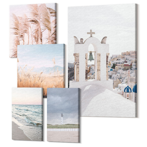 Sada 5 obrazov Štýlová prímorská krajina s architektúrou a prírodou