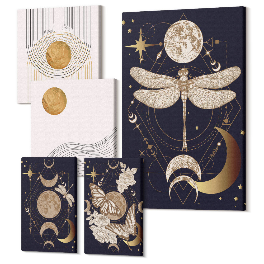 Sada 5 obrazov Štýlové vesmírne motívy s hmyzom a geometrickými vzormi
