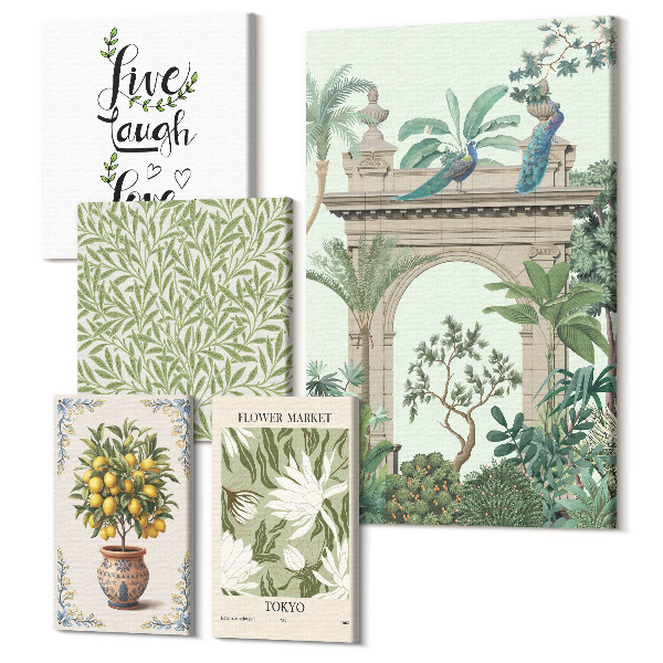 Sada obrazov pentaptych Rastlinné motívy s exotickými akcentmi v štýle boho