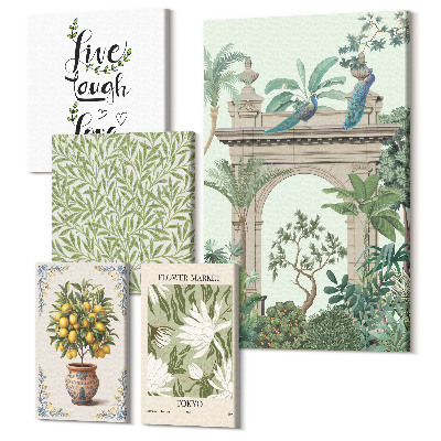 Sada obrazov pentaptych Rastlinné motívy s exotickými akcentmi v štýle boho