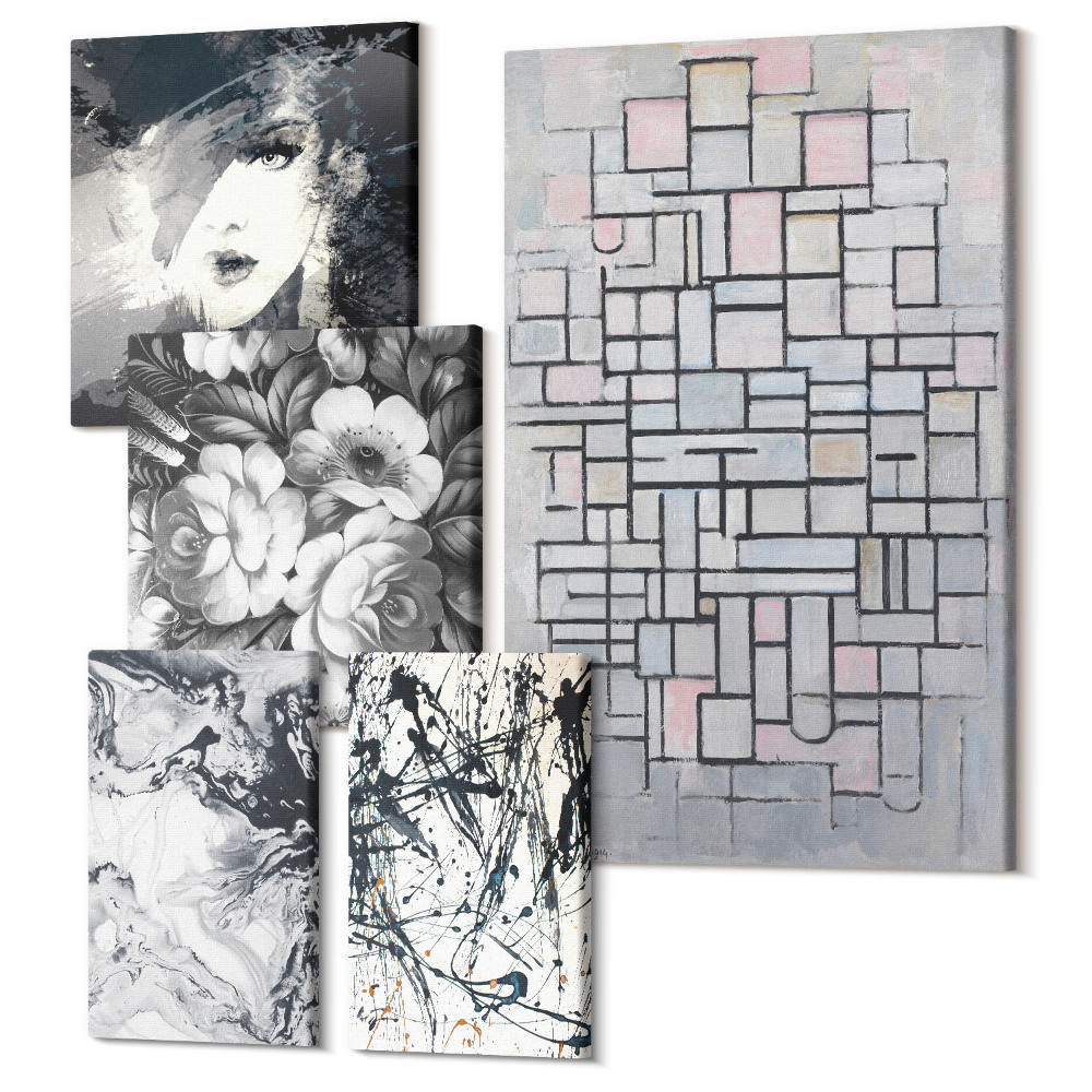 Sada 5 obrazov Abstraktné kompozície s kvetmi a portrétmi v modernom štýle