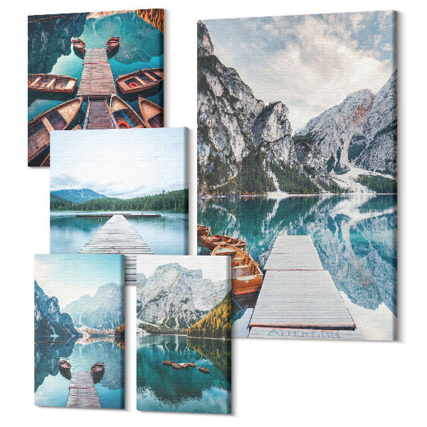 Sada obrazov na stenu pentaptych Horská krajina s vodnými chodníkmi a člnmi