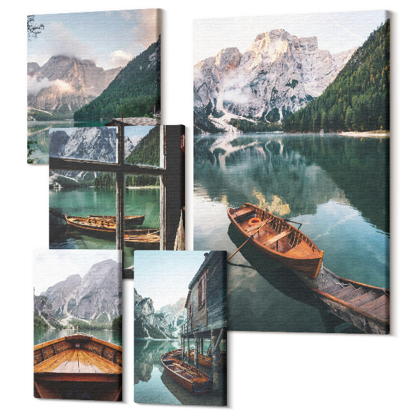 Sada obrazov pentaptych Pokojné jazerá a horská krajina s loďami