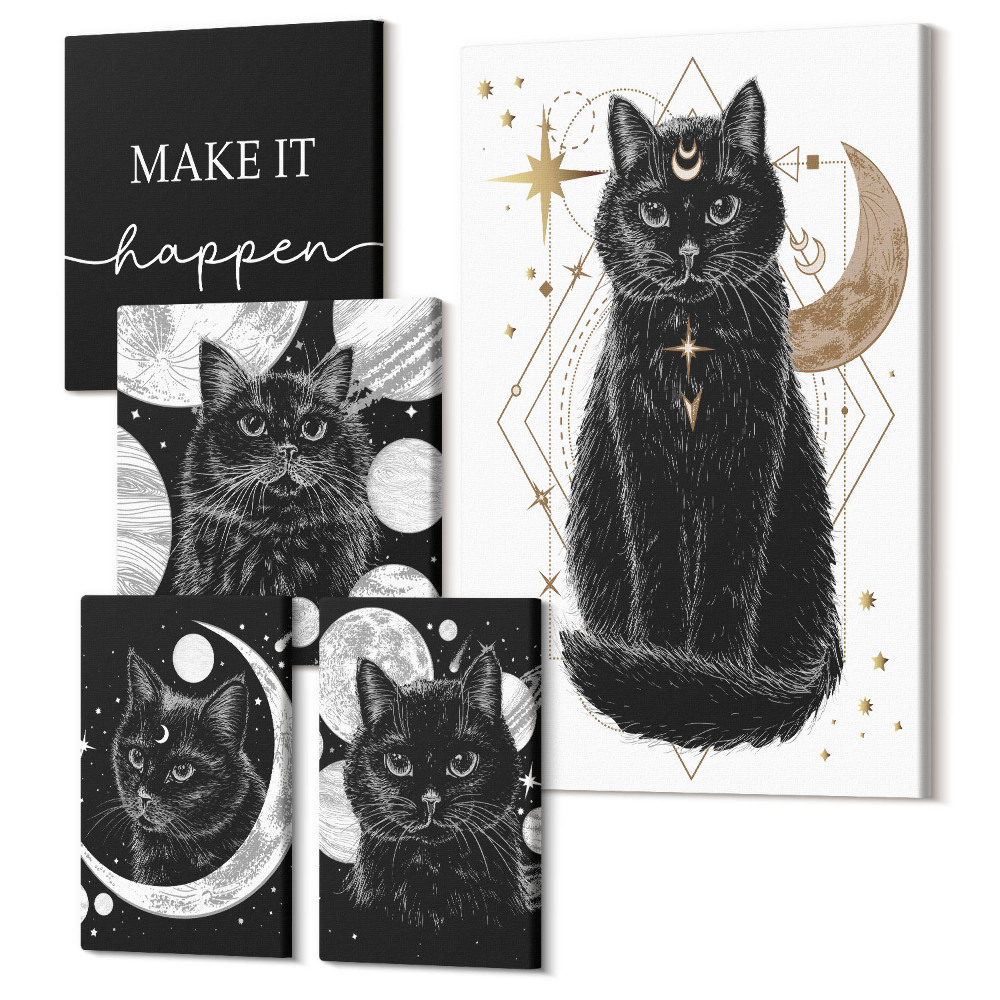 Sada 5 obrazov Čierne boho mačky s vesmírnymi motívmi