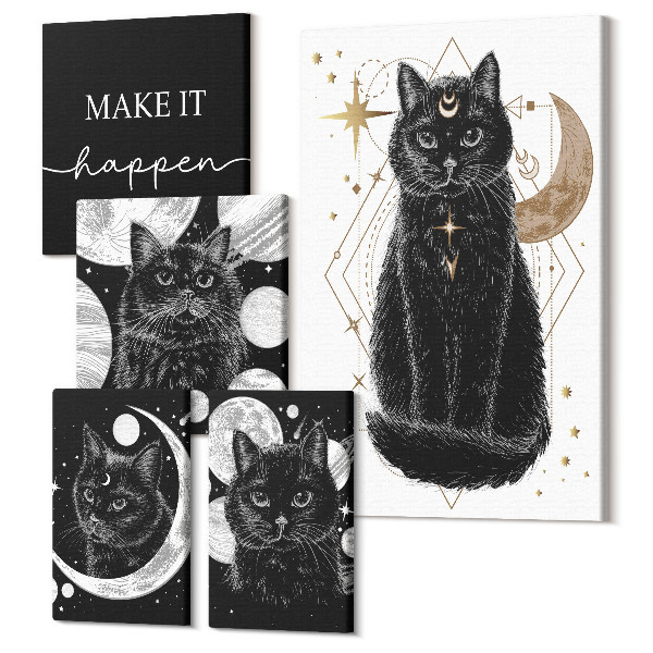 Sada 5 obrazov Čierne boho mačky s vesmírnymi motívmi