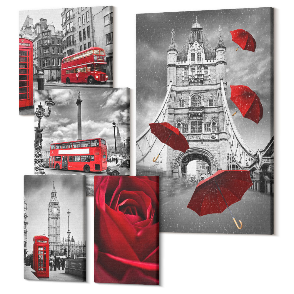 Sada obrazov na stenu pentaptych Londýnske motívy s červenými akcentmi a detailmi