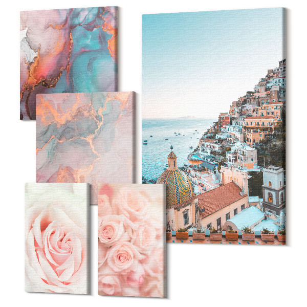 Sada obrazov pentaptych Romantické krajiny s ružami a pastelovými akcentmi