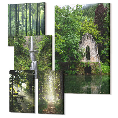 Sada obrazov na stenu pentaptych Zelené lesy a vodopády v prírodnom prostredí