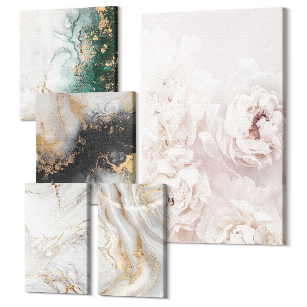 Sada obrazov na stenu pentaptych Kvetinové akcenty a abstraktné vzory v elegantnom štýle
