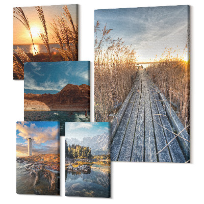 Sada obrazov pentaptych Prírodná krajina s vodou a vegetáciou pozdĺž trasy