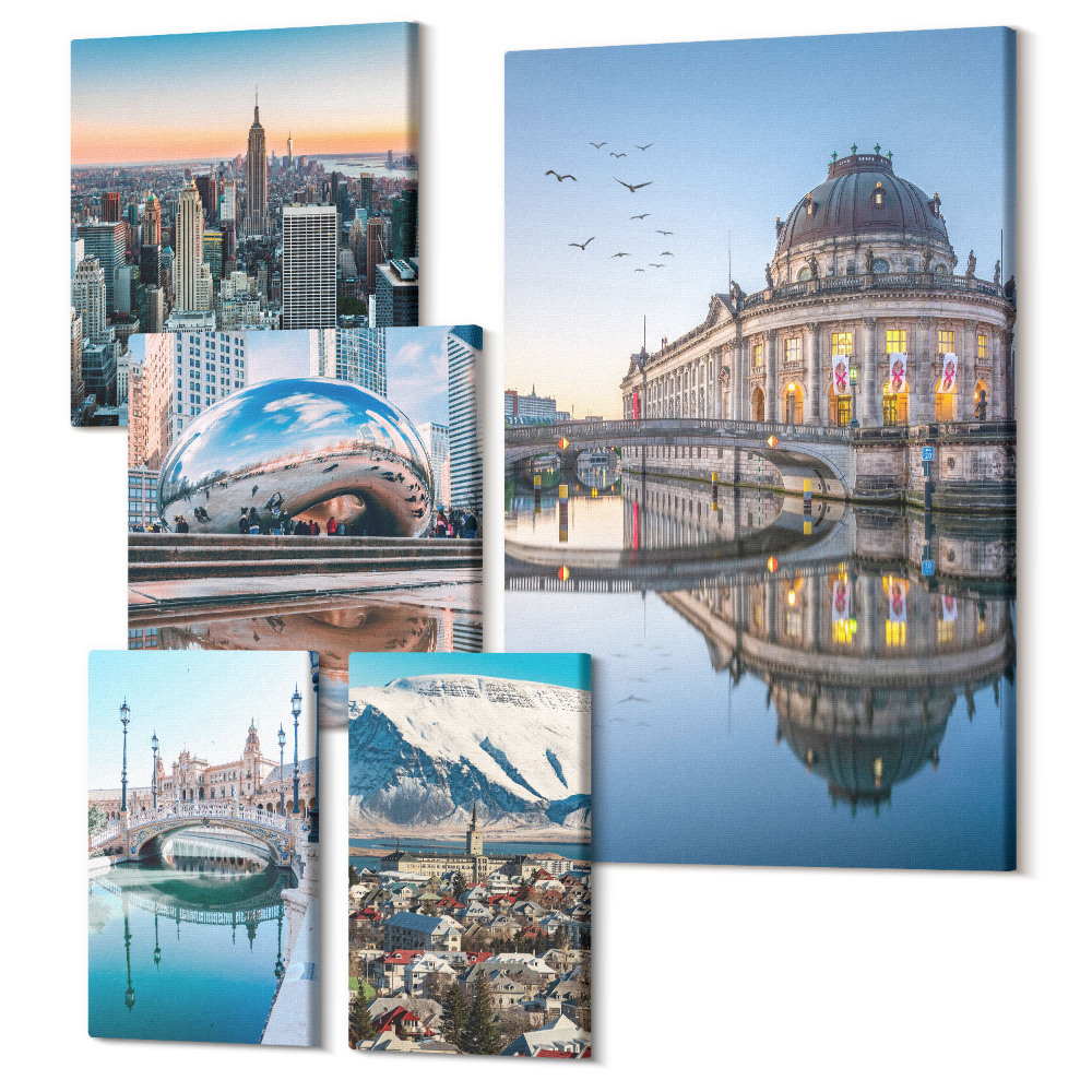 Sada obrazov pentaptych Mestská krajina s modernou architektúrou a prírodou