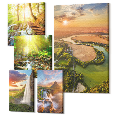 Sada 5 obrazov Prírodná krajina s vodopádmi a zelenými údoliami