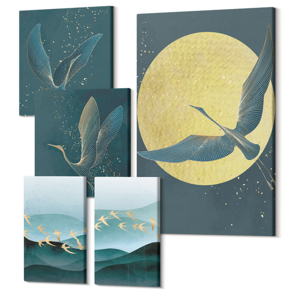 Sada obrazov na stenu pentaptych Krajiny s vtákmi na nočnej oblohe s mesiacom