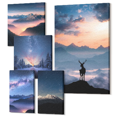 Sada 5 obrazov Horská krajina s divokou prírodou a nočnou oblohou