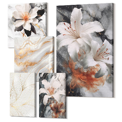 Sada obrazov pentaptych Kvetinové motívy na mramorovom podklade v elegantnom štýle