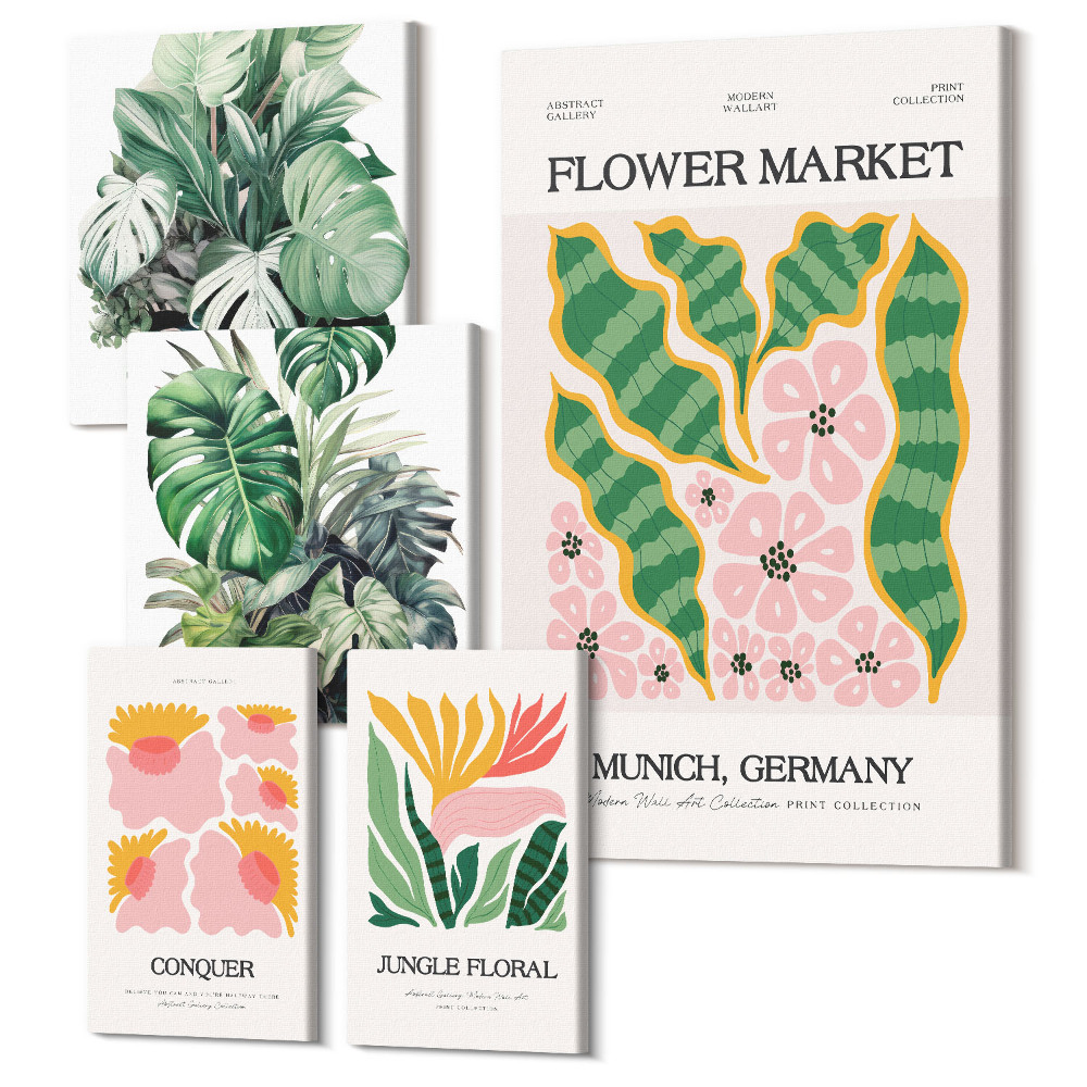 Sada obrazov na stenu pentaptych Rastlinné motívy a kvetinové akcenty v štýle boho