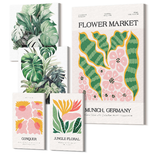 Sada obrazov na stenu pentaptych Rastlinné motívy a kvetinové akcenty v štýle boho