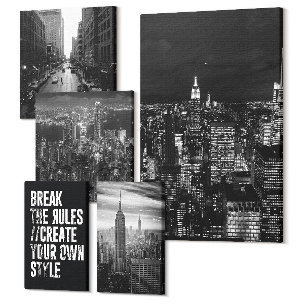 Sada obrazov pentaptych Pohľady na New York v čiernej a bielej farbe s inšpirujúcimi sloganmi