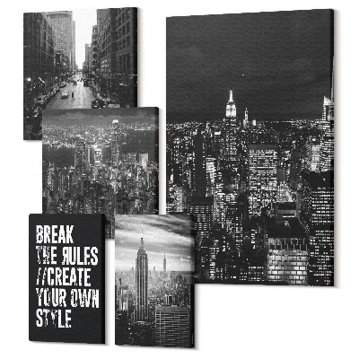 Sada obrazov pentaptych Pohľady na New York v čiernej a bielej farbe s inšpirujúcimi sloganmi