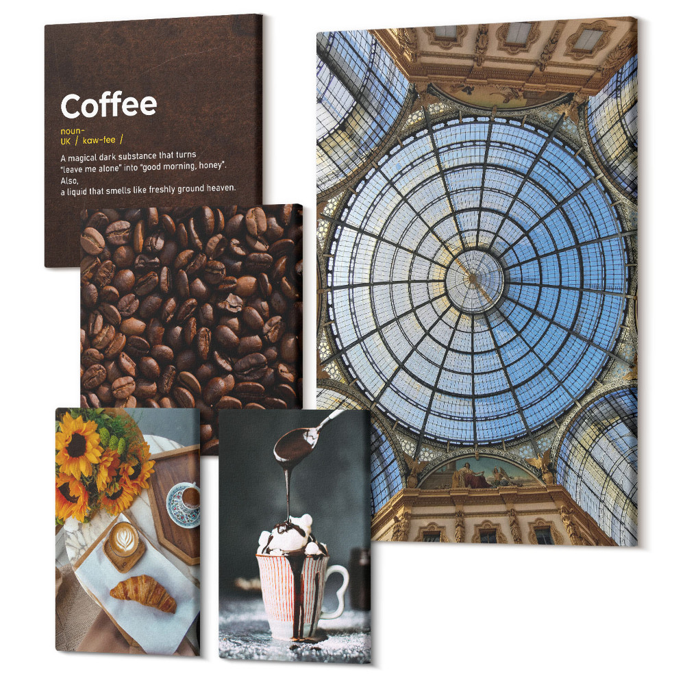 Sada obrazov na stenu pentaptych Káva a sladkosti v rustikálnom a modernom štýle