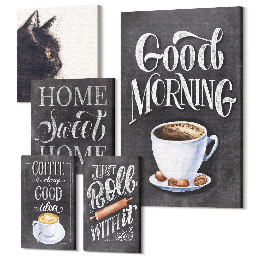 Sada obrazov pentaptych Kávové inšpirácie s mačkou a pozitívnymi sloganmi