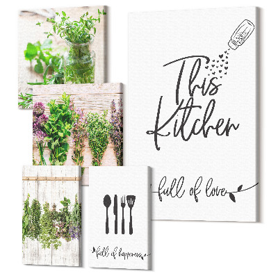 Sada obrazov na stenu pentaptych Kuchynská inšpirácia s bylinkami a láskou k vareniu