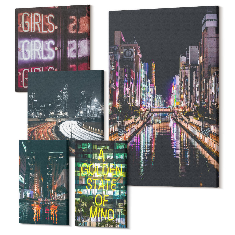 Sada obrazov pentaptych Moderné mesto v noci s neónovými svetlami a odrazmi vo vode