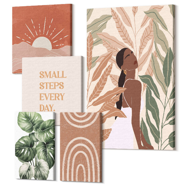 Sada obrazov pentaptych Boho štýl s rastlinným motívom a pozitívnymi sloganmi